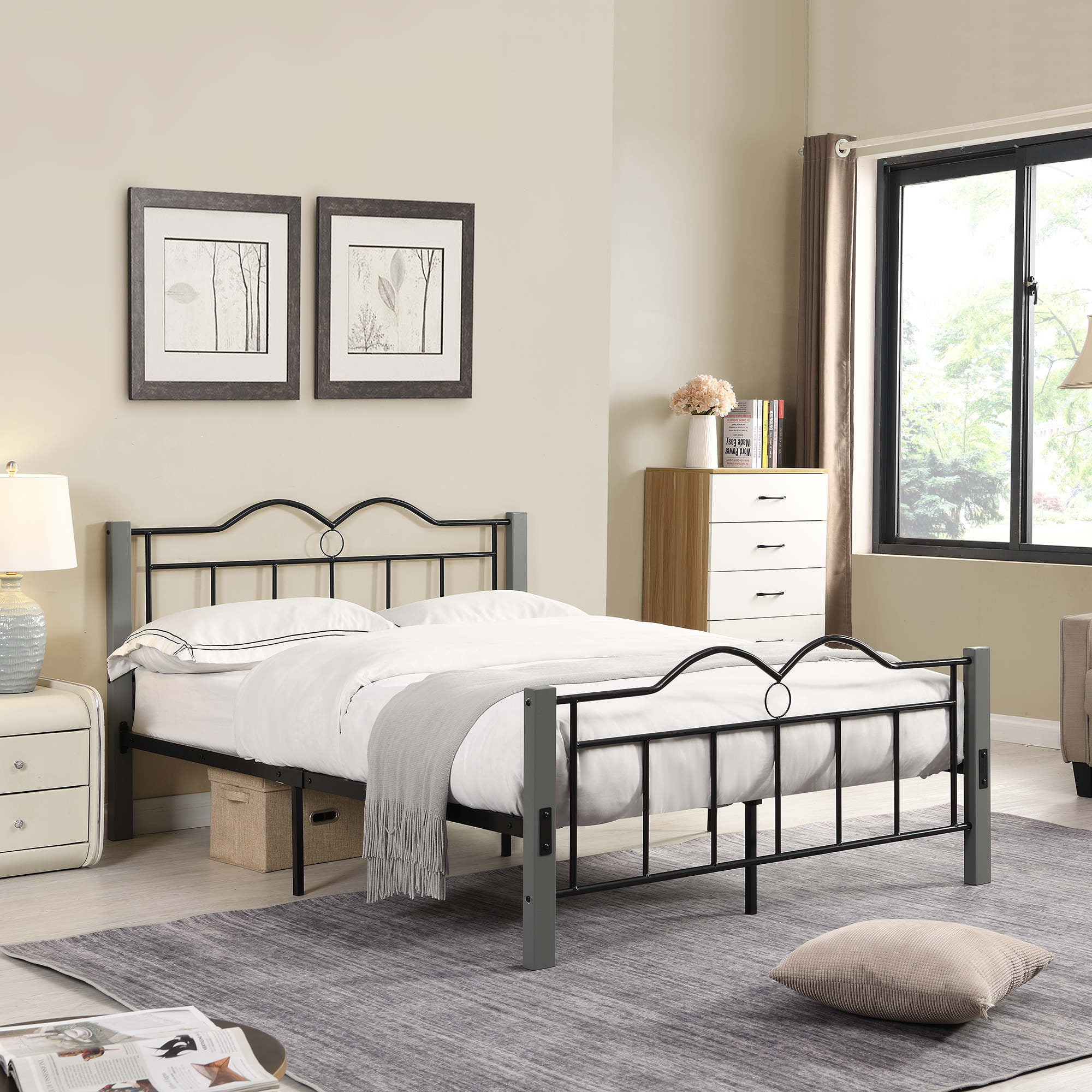 Full Size Metal Bed Frame Platform Headboards with 6 Legs Furniture Bedroom 