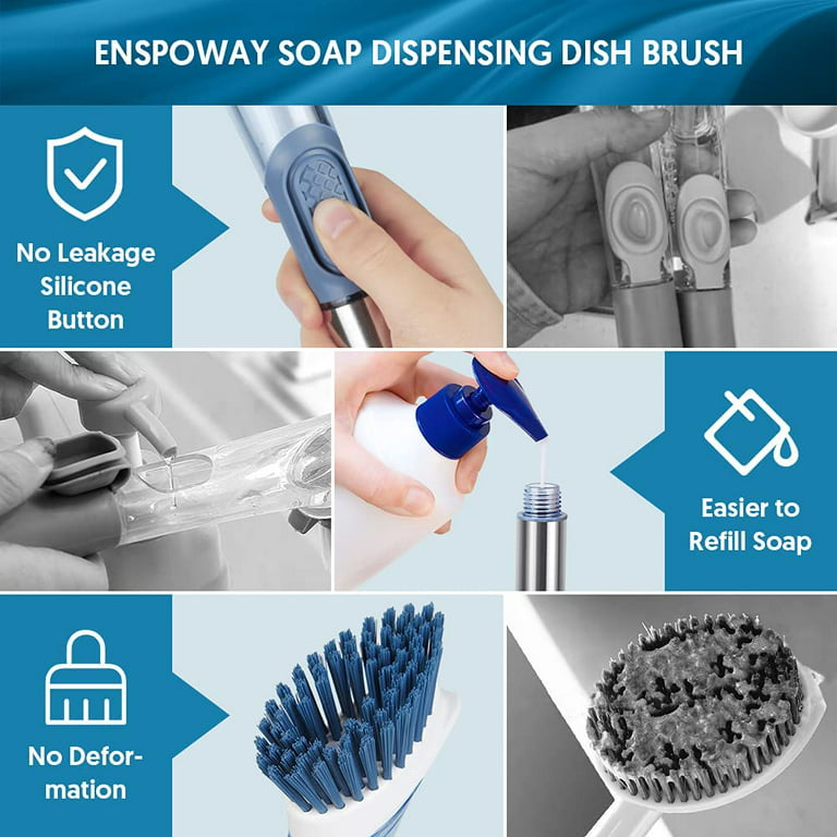 Soap Dispensing Dish Brush Set - FORSPEEDER Kitchen Brush with Stand 3  Brush Replacement Heads Stainless Steel Handle, Dish Wand Scrub Brush for