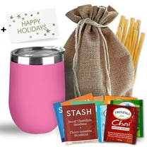 Bellina Tea Gift Baskets for Women and Men - Happy Holidays - Insulated Cup, 20 Premium Teas, 10 Honey Straws, Gift Tag & Bag