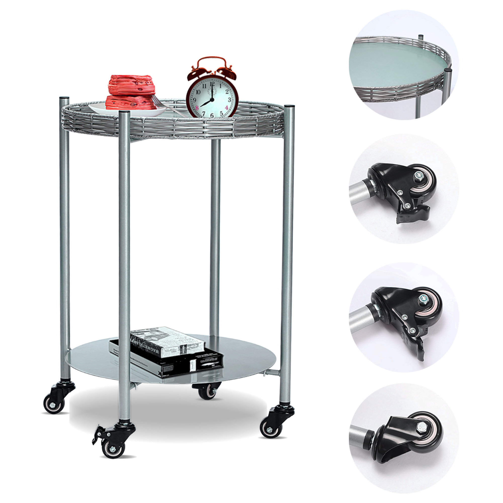 Leumius 2-Tier Round End Tables with Wheels,Movable Metal Coffee Table Side Tables Bedside Nightstand for Bedroom Living Room