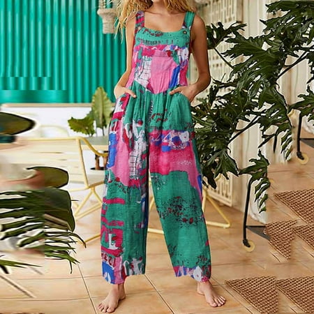 

Wide Leg Jumpsuit High Waist Short Sleeve Pleated Romper Loose Fit Flex Coverall Ethnic Style Patchwork Vintage Printed Buttons Suspender Jumpsuit with Pockets Wyongtao