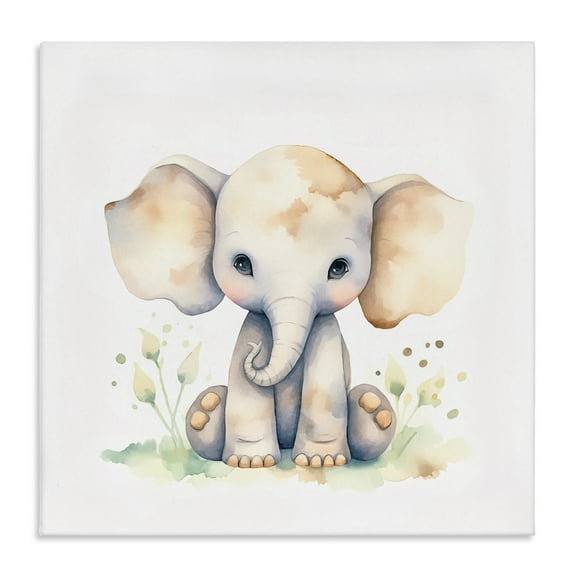 Stupell Industries Sitting Baby Elephant Animals Painting Wrapped Canvas Art Print Wall Art, 17 x 17