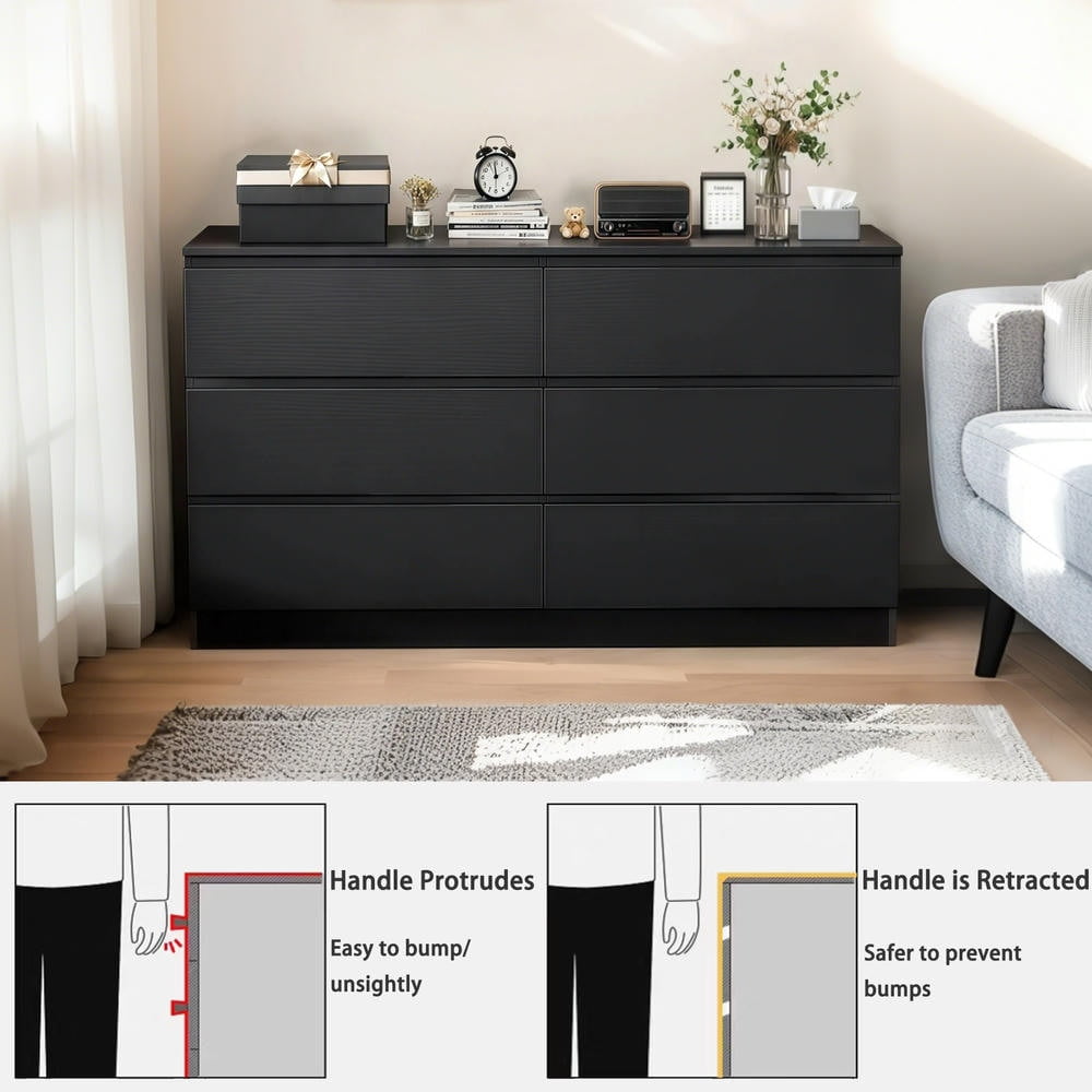 Kadyn 6 Drawer Black Dresser, Modern Chest of Drawers with Concealed Handles & 6 Deep Drawers for Bedroom, Living Room, Entryway, Black