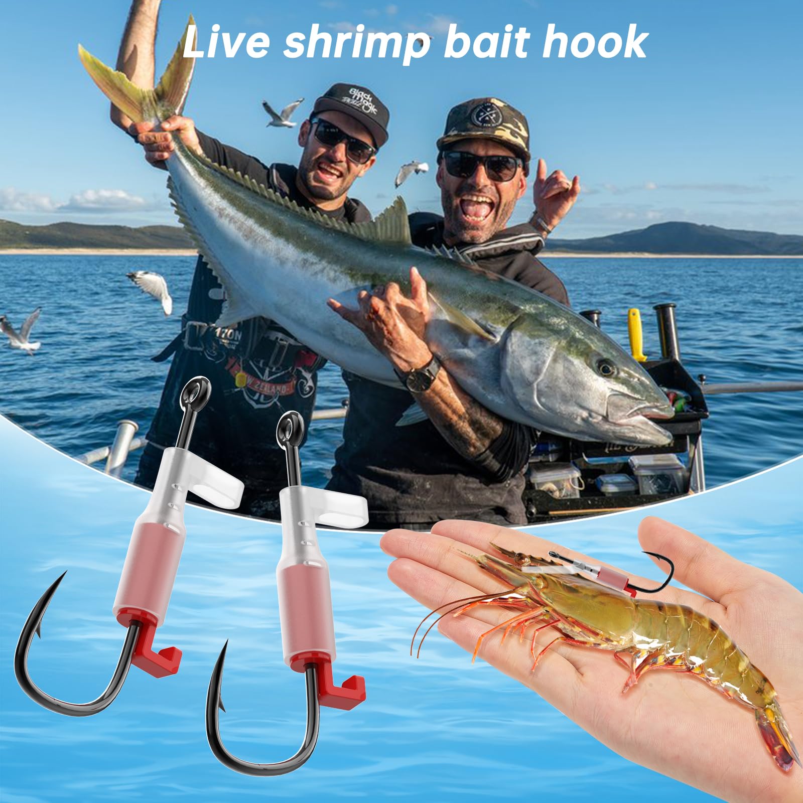 Luminous Live Shrimp Hooks for Saltwater Fishing, Carbon Steel Shrimp Walker Hook with Barbs, Non-Piercing Design for Lively Bait, Ideal for Bass, Carp, and Catfish, Razor-Sharp ,（10 Pack,Red）