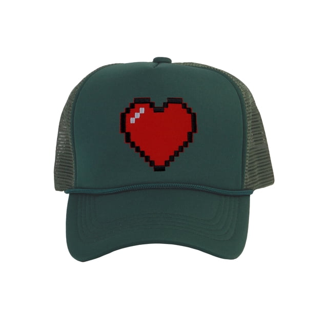 Men's 80's Retro Large 8 Bit Pixelated Heart Gamer Trucker Hat, Forest Green