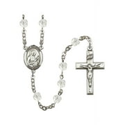 St. Camillus of Lellis Silver-Plated Rosary 6mm April Crystal Fire Polished Beads Crucifix Size 1 3/8 x 3/4 medal charm
