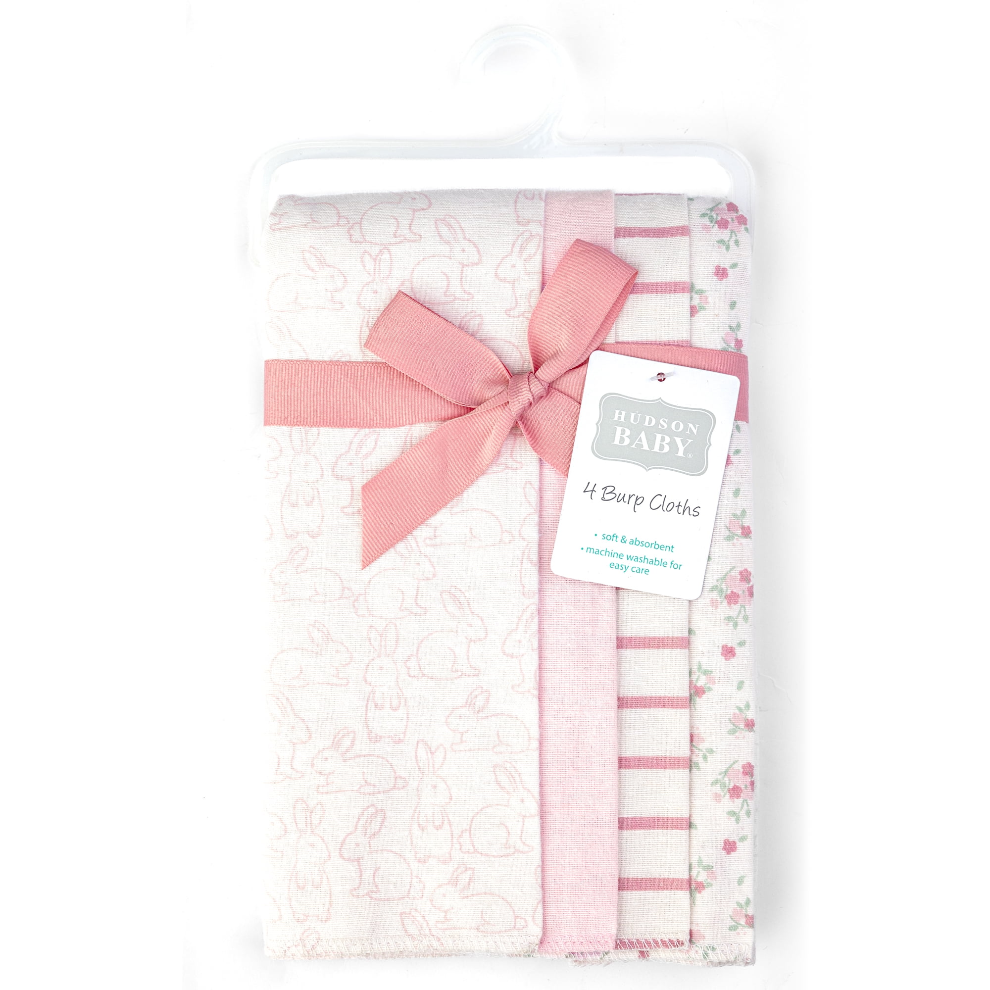 Hudson Baby Girl Cotton Polyester Flannel Burp Cloths 4-Pack, Wispy Wild Flower Bunny, One Size