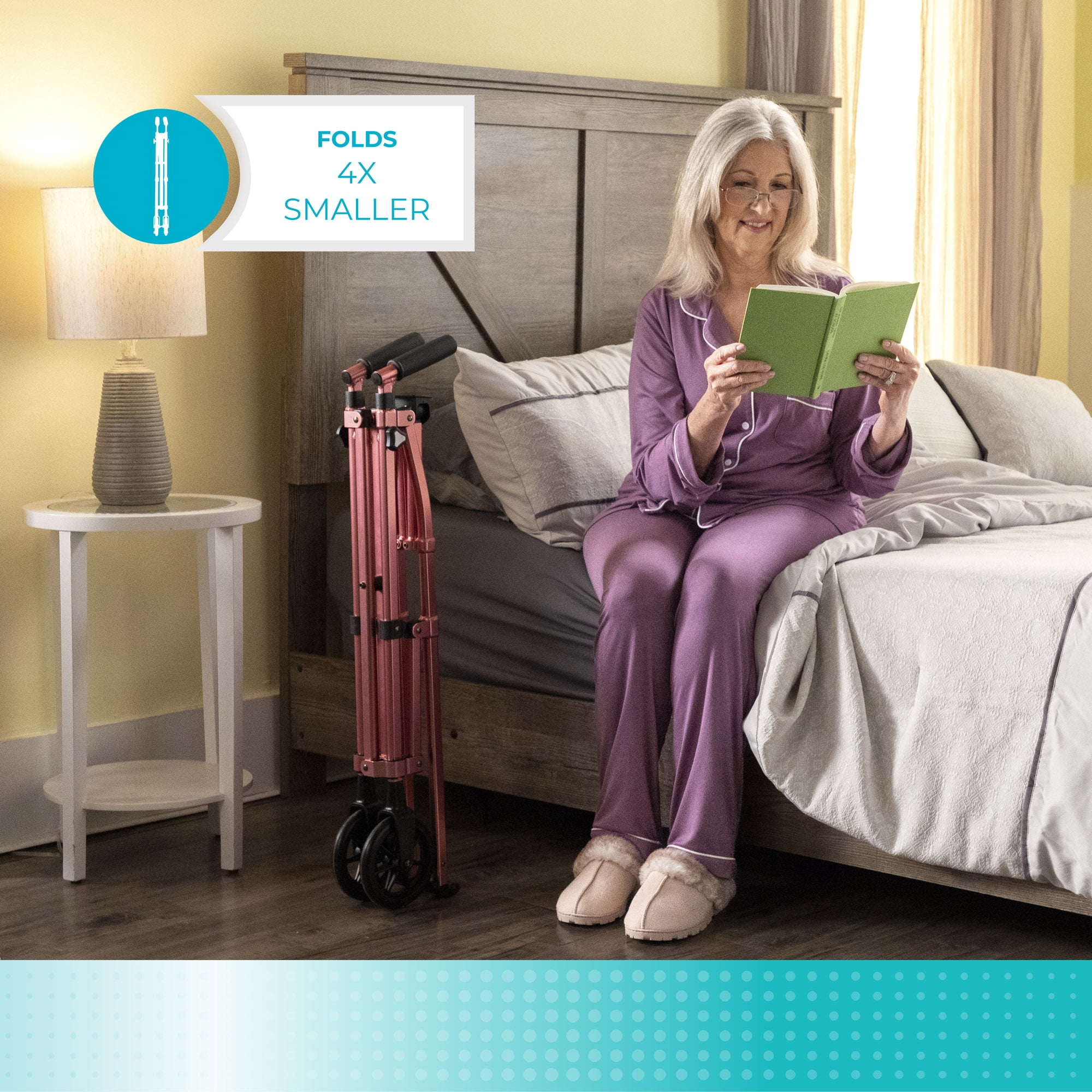 Stander Space Saver Walker, Lightweight Folding Walker for Seniors, Adult Walker with Wheels, Two Wheeled Rolling Walker with Rear Ski Glides, Desert Sand