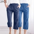 thumbnail image 5 of CQONEPT 2 PC Women's Cotton Linen Pants Wide Leg Elastic Waist Capris Pants Casual Outdoor Pants with Pockets Blue XL, 5 of 6