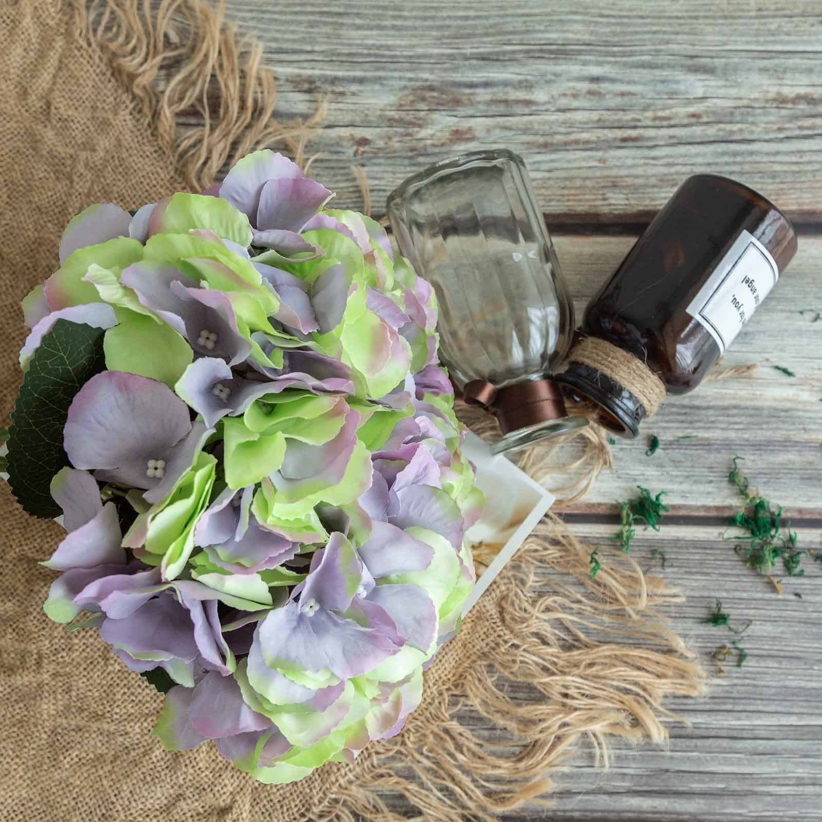 5 Bushes 25 Heads Lavender/Lime Silk Hydrangeas Wholesale Artificial