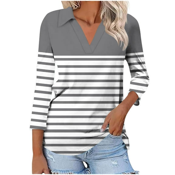 Ounisa Blouses for Women Dressy Casual 3/4 Length Sleeve Womens Tops V Neck T Shirts with Smocked Cuffs