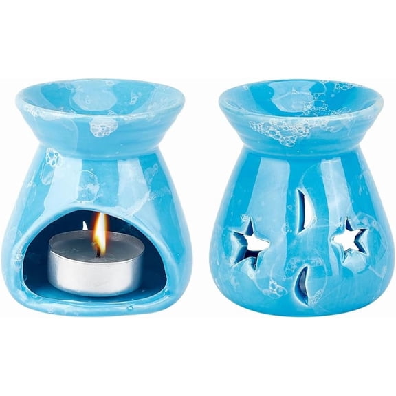 2Pcs Blue Porcelain Essential Oil Burner Tealight Candle Holder 2.9x2.5x3 Inch Porcelain Tea Light Candle Holder Ceramic Tealight Candle Holder Oil Burner