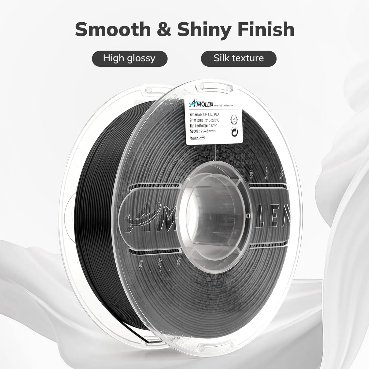 Silk PLA 3D Printer Filament, Shiny Silk Black PLA Filament 1.75mm, 3D Printing PLA Filament for Most 3D Printer, 1kg Spool(2.2lbs)
