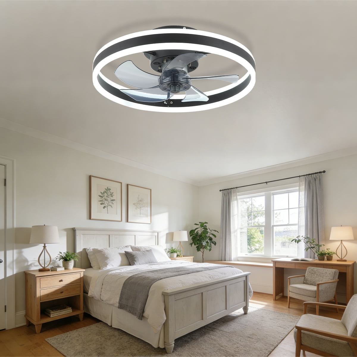 Low Profile Ceiling Fans with Lights and Remote, 20 in Flush Mount Ceiling Fans with Light, 3000K-6000K Dimmable Fandelier LED Fan Light and Reversible Moter, for Bedroom Living Room, Black