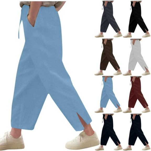 Rvasteizo Girls Pants Solid Linen Relaxed Wide Leg Side Pockets Elastic Waist Light Summer Breathable Full Length Daily Loungewear for Teen Girls