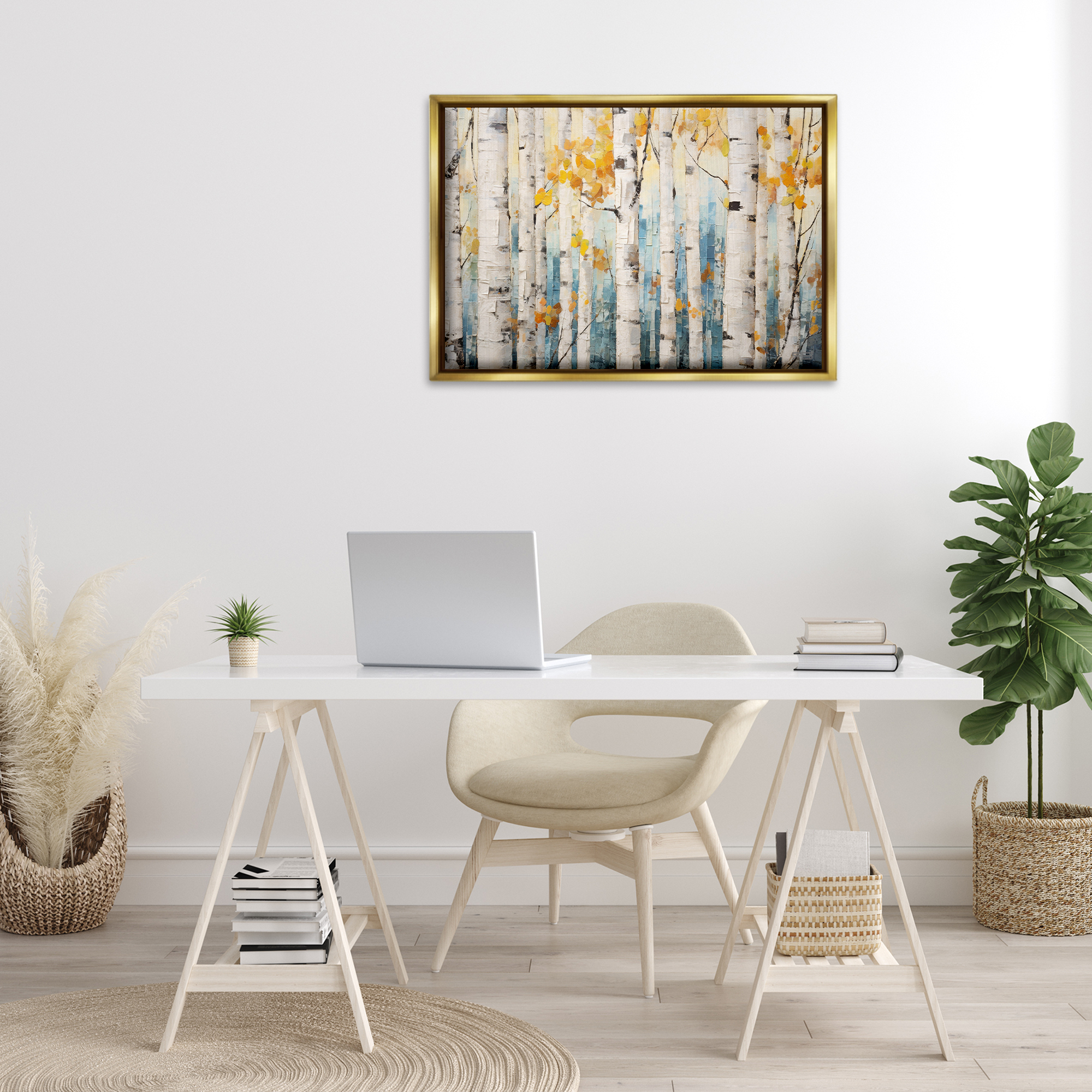 Stupell Industries Autumn Birch Forest Landscape Painting Gold Floater Framed Art Print Wall Art, 31 x 21