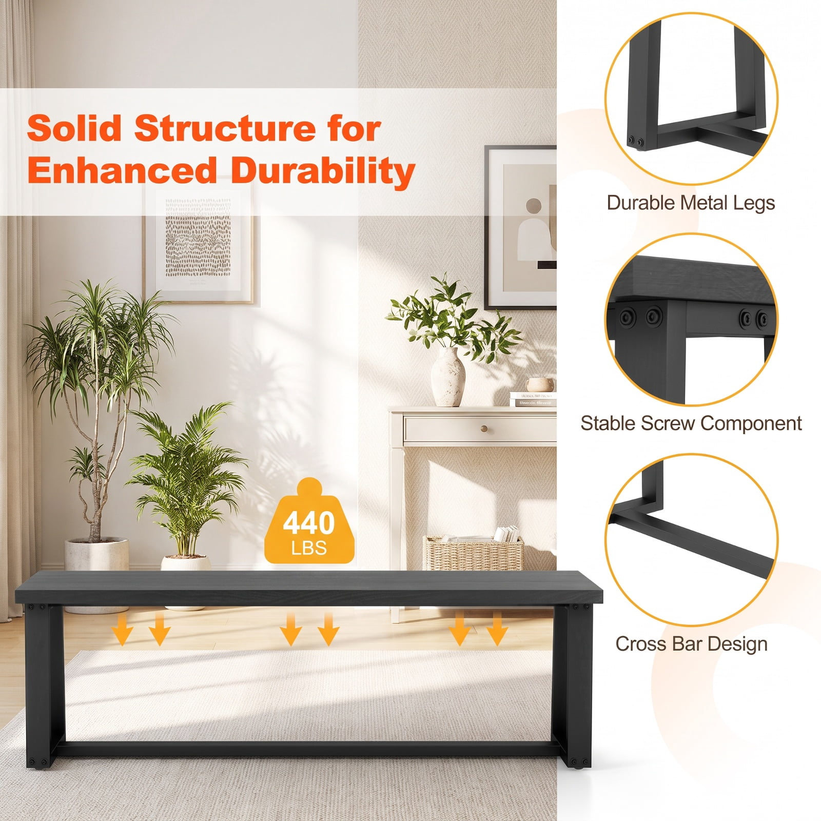 Furnibear 56 Inch Wood Dining Bench with Acacia Wood Seat Metal Frame and Adjustable Footpads for Kitchen Dining Room Entryway Seating, Black
