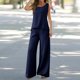 thumbnail image 2 of Conjunto de dos piezas de verano para mujer con chaleco sin mangas de color liso y espalda hueca de encaje - Poliéster, cuello cuadrado, pantalones de pierna ancha - Tallas S-XXL, 2 of 6