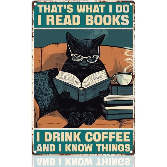 Black Cat Reading Tin Sign Retro Metal Wall Decor 8" x 12" Funny Vintage I Read Books I Drink Vintage Wall Art Poster for Home Library Cafe Reading Room Classroom Decor Gift Colorful
