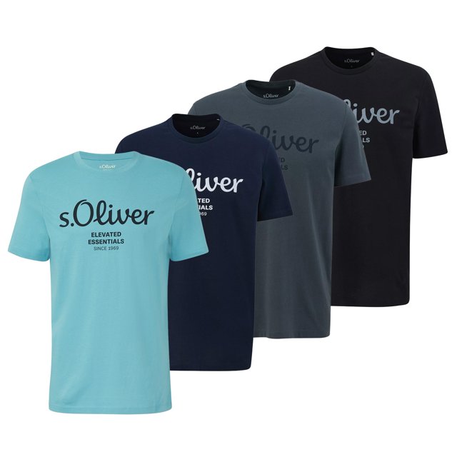 s.Oliver Camiseta para hombre, pack de 4 - básica, estampado logo, cuello redondo, algodón Azul claro/Azul oscuro/Gris oscuro/Negro L (Large)