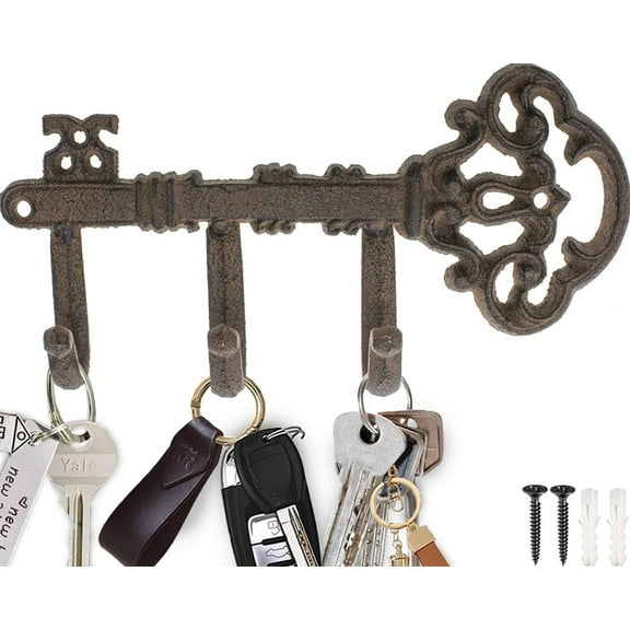 Comfify Skeleton Key Wall Hook Rack, Cast Iron – Decorative Vintage Key Holder with 3 Hooks