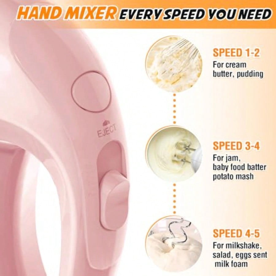 Handmixer Electric Handheld - 5 Speed Portable Kitchen Mixer Electric with 5 Stainless Steel Accessories Whisk Food Beater for Whipping Mixing Cookies Pink