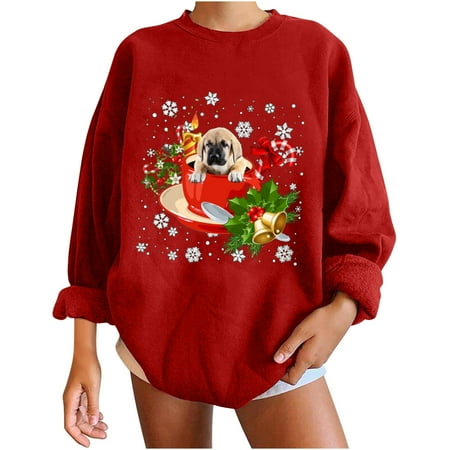 

Womens Crewneck Sweatshirt Long Casual Cute Doggy Print Pullover Solid Long Sleeve Sweatshirts Blouse