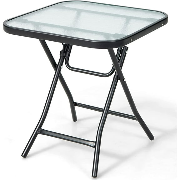 Tangkula Patio Bistro Table, 18" Square Glass Top Side Table with Rustproof Frame, Folding Coffee Table for Patio, Balcony, Backyard, Poolside(Black)