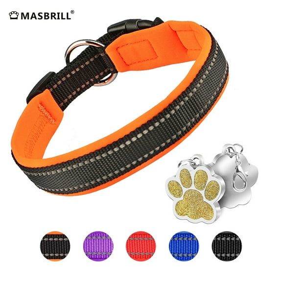 MASBRILL dog collar with Dog tag Reflective Soft Neoprene Padded Breathable and Adjustable, Odour Resistant and Fast Drying-Orange-XL