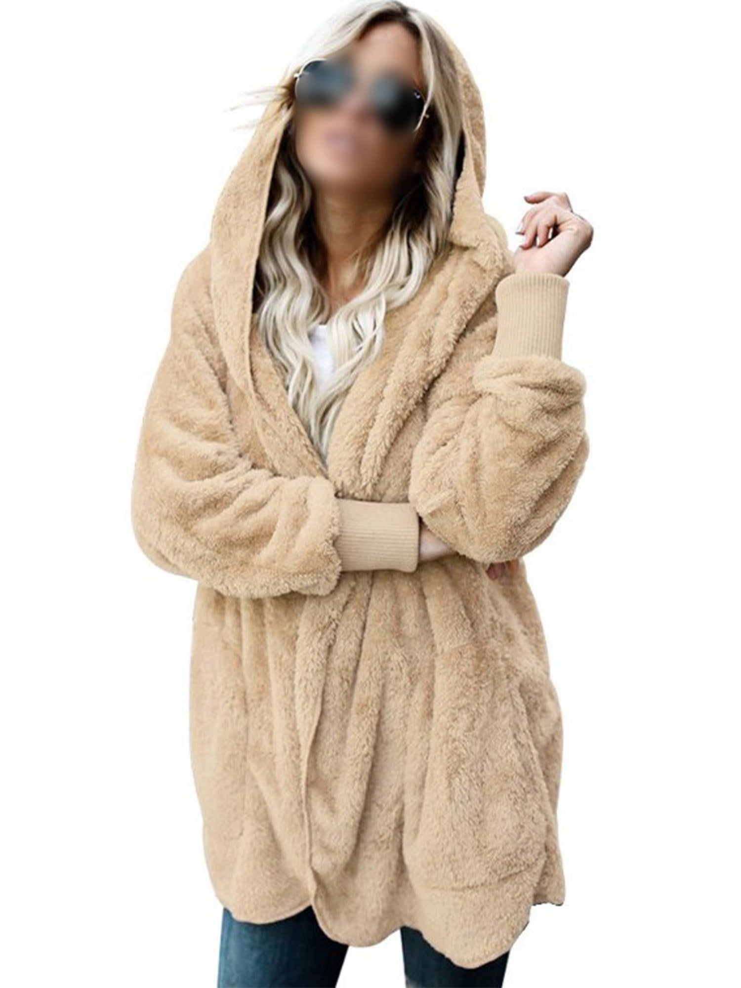 Women Faux Fur Hooded Coat Open Front Cardigan Fluffy Long Loose Parka Outwear 
