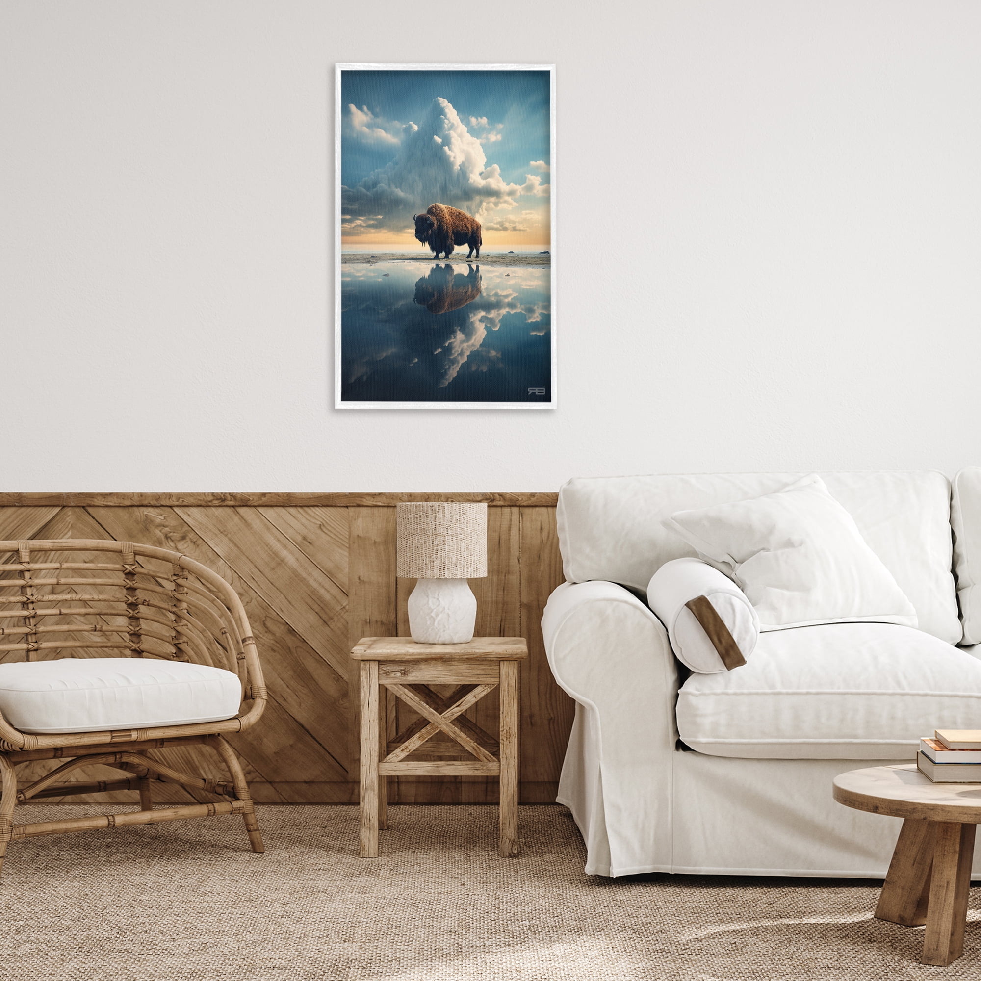 Stupell Industries Bison & Reflective Clouds Landscape Painting White Framed Art Print Wall Art, 20 x 30