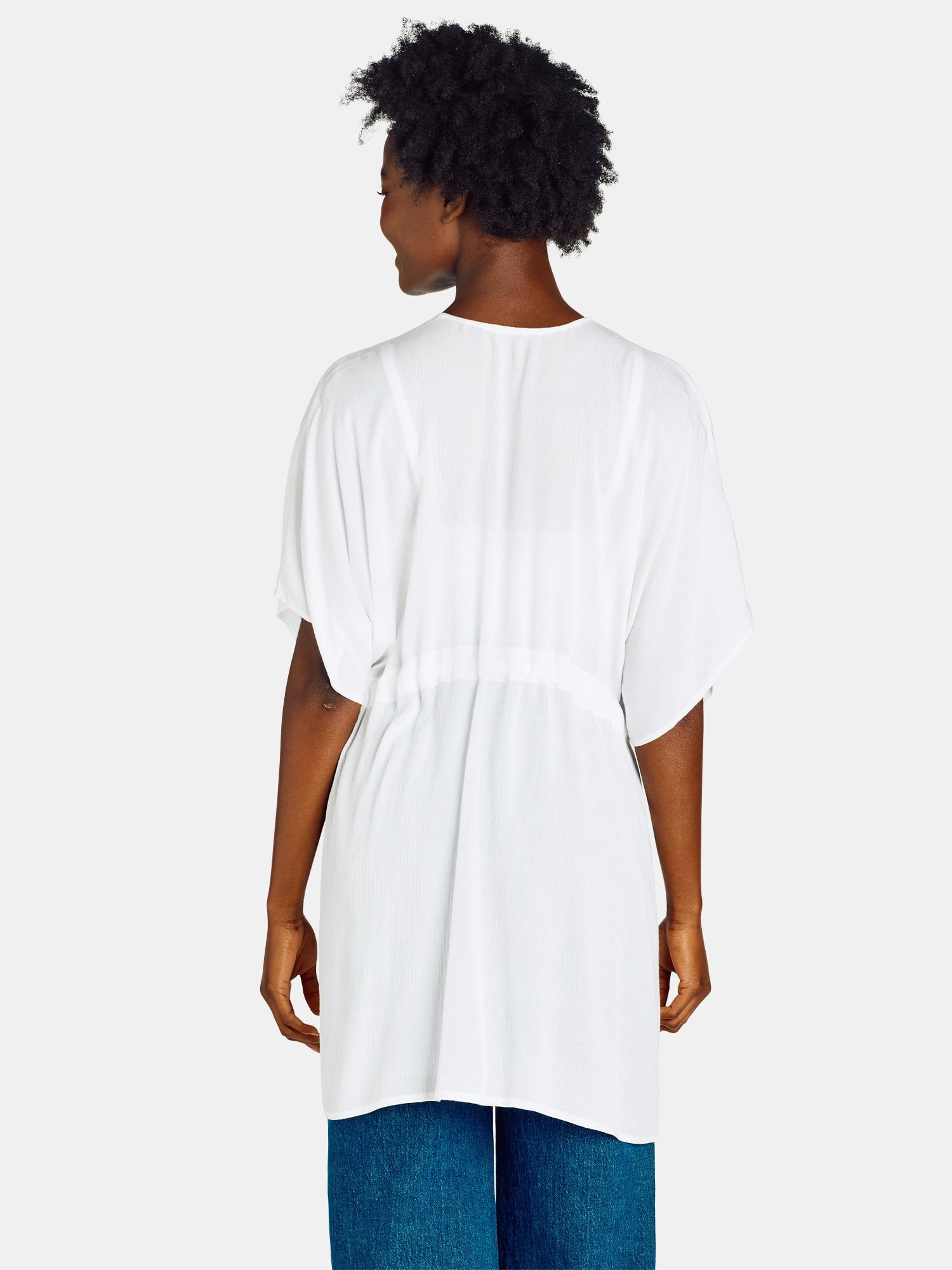 Time and Tru Women's Rayon Ruched Tie Front Solid, L/XL, Arctic White