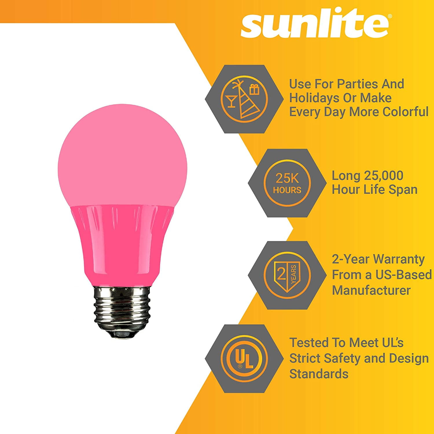 Sunlite LED A19 Colored Light Bulb, 3 Watts (25w Equivalent), E26 Medium Base, Non-Dimmable, UL Listed, Party Decoration, Holiday Lighting, Pink, 6 Pack