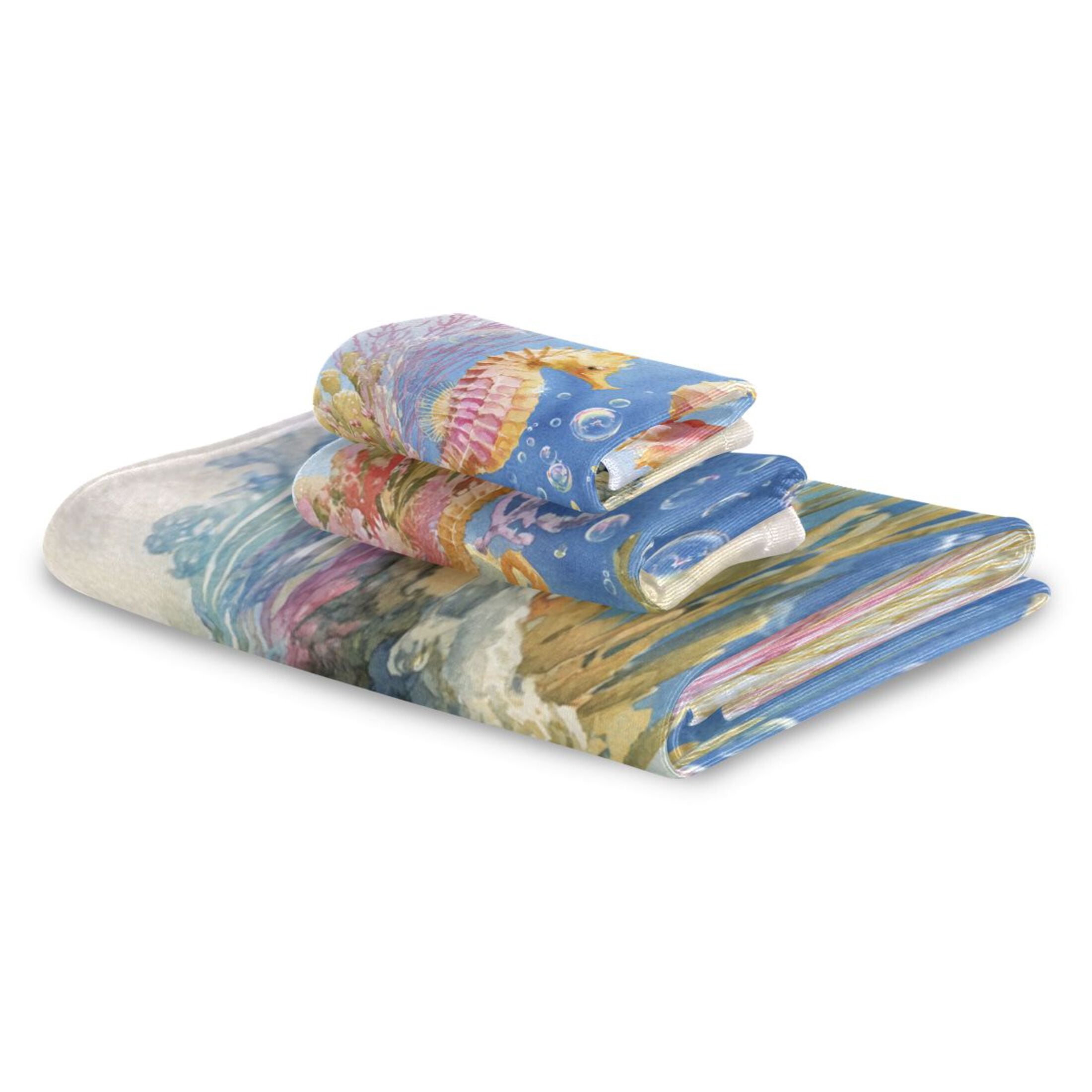 3 Piece Bath Towels Set Bath Towel, Hand Towel and Face Towel for Bathroom, Gym, Hotel Cute Seahorse Pattern