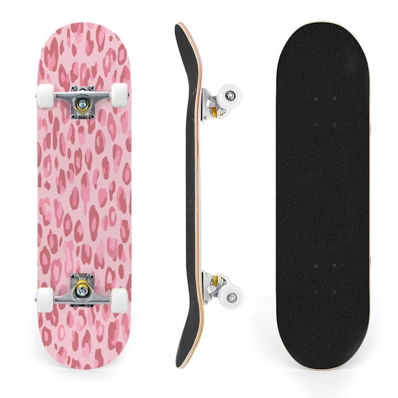 31"x8" Pink Leopard Print Complete Skateboards for Beginners, Double Kick 7 Ply Maple Deck Skateboard with Wheels, Gifts for Kids Teens