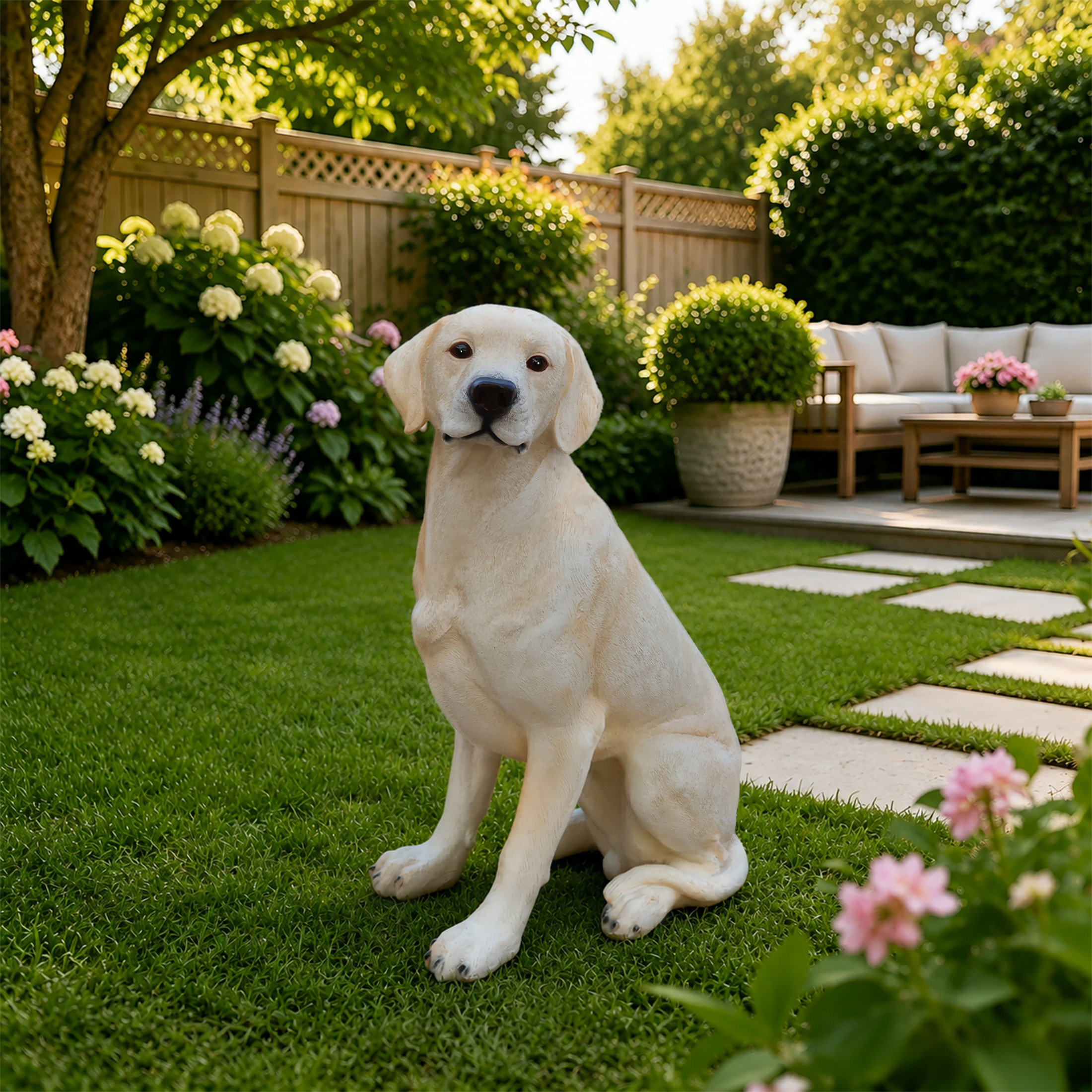 Noble House Lifelike Sitting Labrador Statue, Realistic Resin Animal Figurine for Outdoor Garden Decor, Yellow White