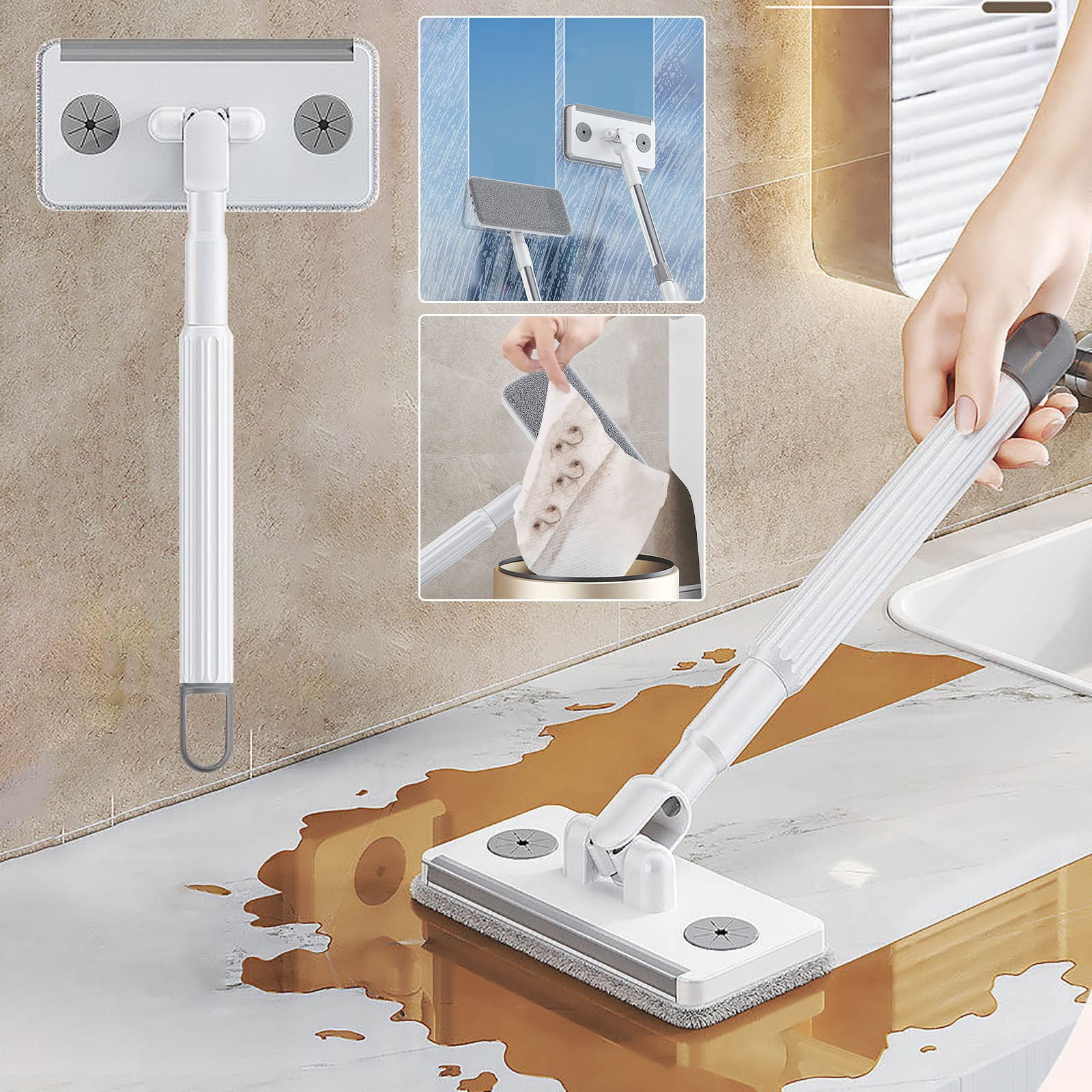 pstuiky Mop No-Hand Wash, 360° Rotating Head Disposable Cloth Clamping Flat Mop Polypropylene & Stainless Steel Wet & Dry Use Hardwood & Tile Floor| 1 Pack