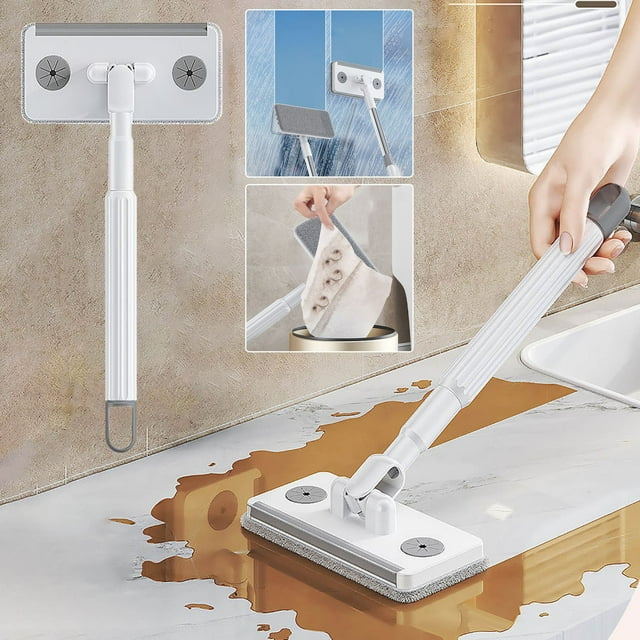 Mini trapeador facial | Trapeador plano giratorio de 360° con sujeción automática | Fibra de polipropileno y acero inoxidable | Uso en seco y húmedo para pisos de madera | Limpieza de pelos de