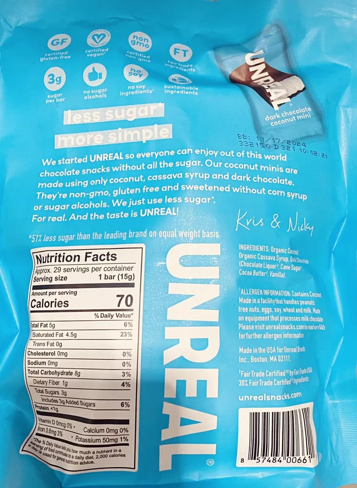 Unreal Dark Chocolate Coconut Mini Bars 15.3 oz ~ 29 Candy bars