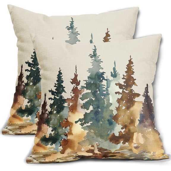 Burnt Orange Green Forest Pillow Covers 18X18 Inch Watercolor Fall Tree Decorative Pillow Cases Set of 2 Rustic Autumn Nature Cotton Linen Throw Pillows Home Decor For Sofa Couch Cushion Outdoor