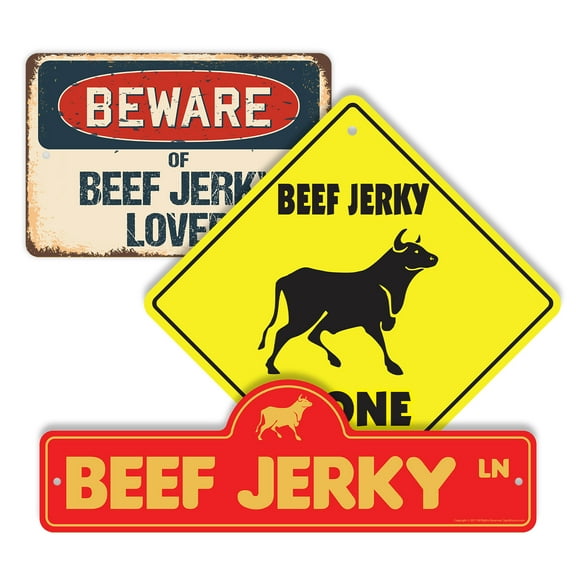 Beef Jerky (3 Pack) Plastic Street Sign Crossing Sign Warning Sign Vintage Rustic Beware Warning Xing Snack Meat Food Protein Dry Gourmet Beef Stick Travel Hiking Spicy