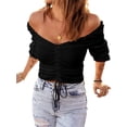 thumbnail image 2 of Langwyqu Off Shoulder Short Sleeved Women Slim Fit Lace-Up Shirt Crop Tops, 2 of 5