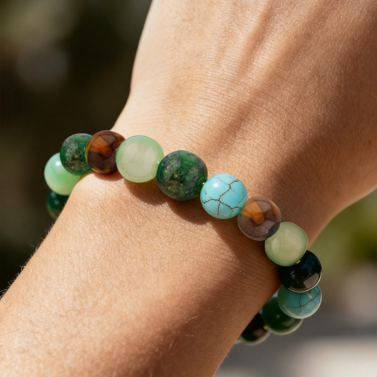 Multi-Color Natural Stone Beaded Bracelet for Women and Men, Turquoise Tiger Eye Jade Healing Energy Meditation Jewelry Gift