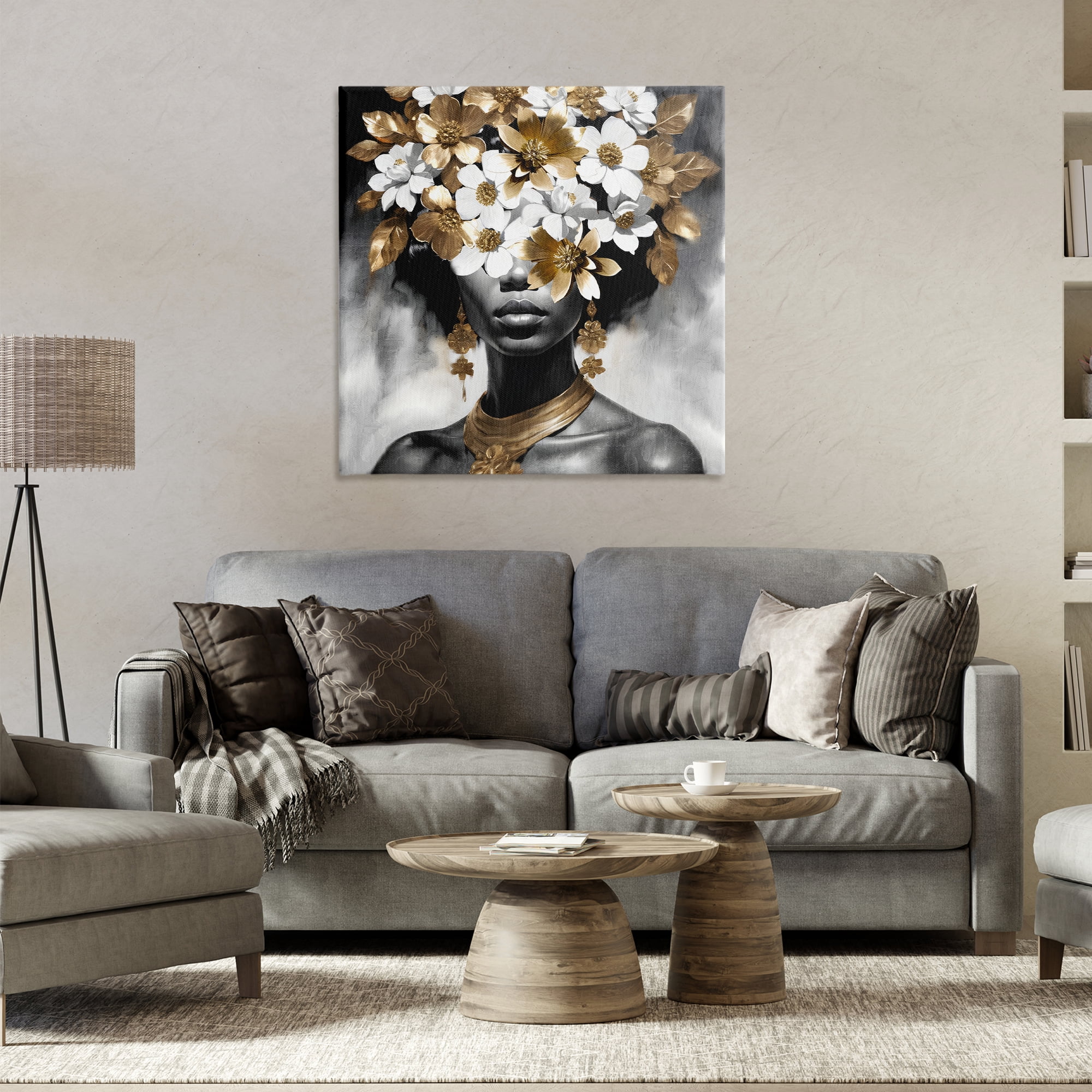 Stupell Industries Woman & Gold Flowers People Painting Wrapped Canvas Art Print Wall Art, 30 x 30