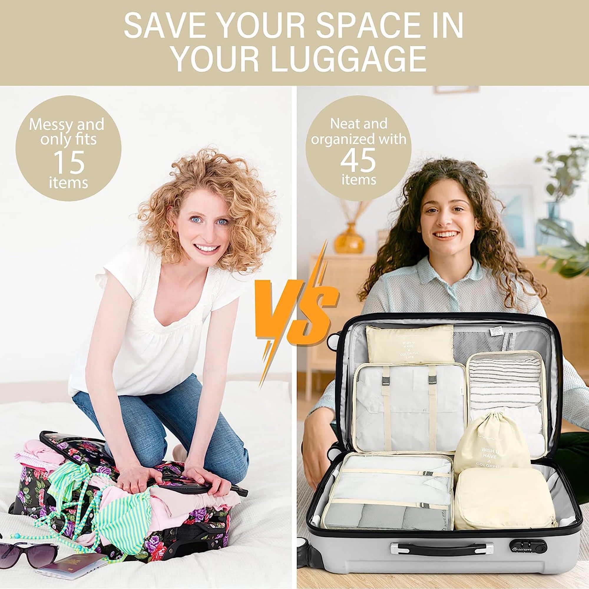 lEPECQ Packing Cubes for Travel & Suitcases Foldable Suitcase Organizer Lightweight Luggage Storage Bag 6 Pack - Beige