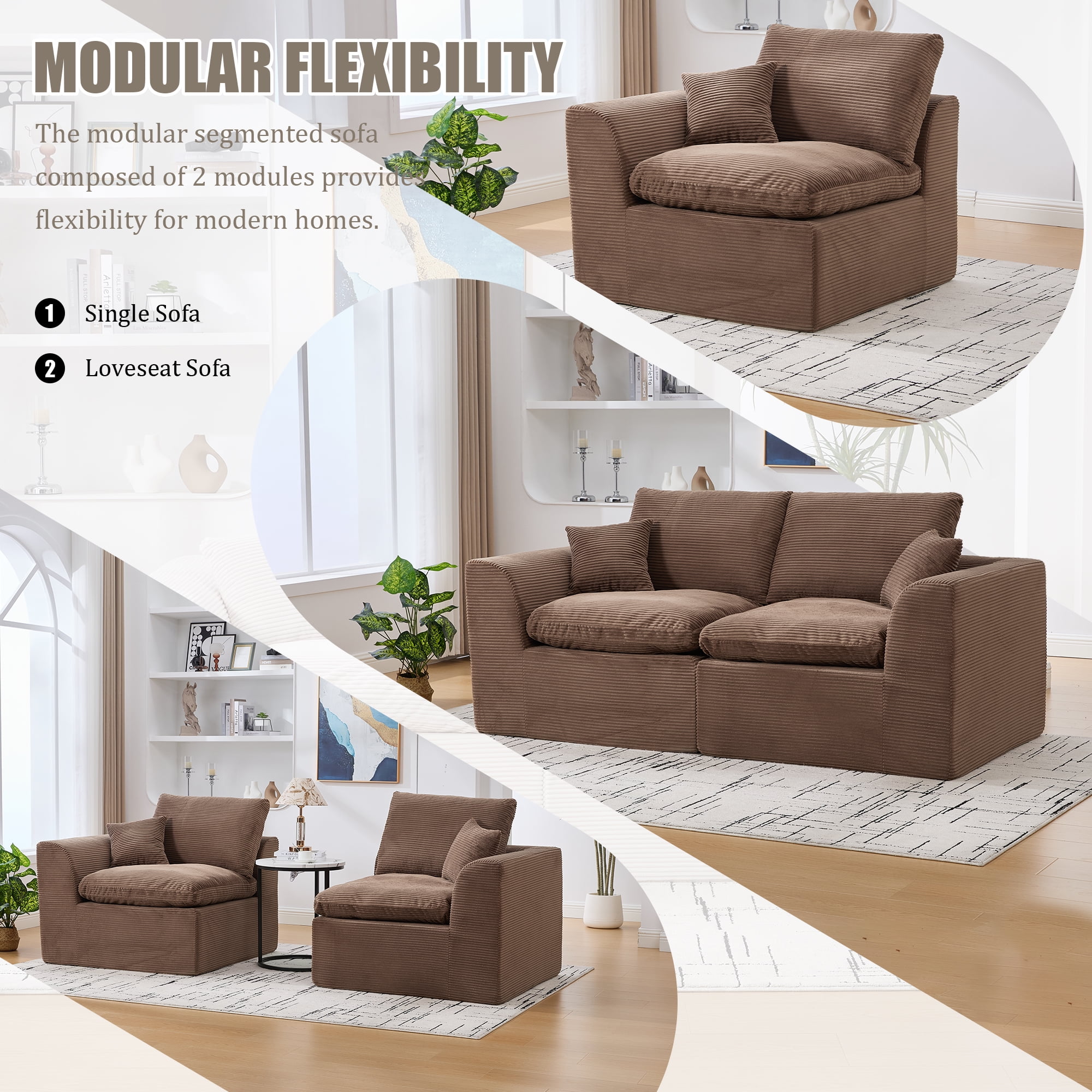 MOONMISS 80.3" Oversized Modular Sofa, Upholstered Corduroy 2 Seat Deep Seat Cloud Couch for Living Room Bedroom, No Assembly Required,Brown
