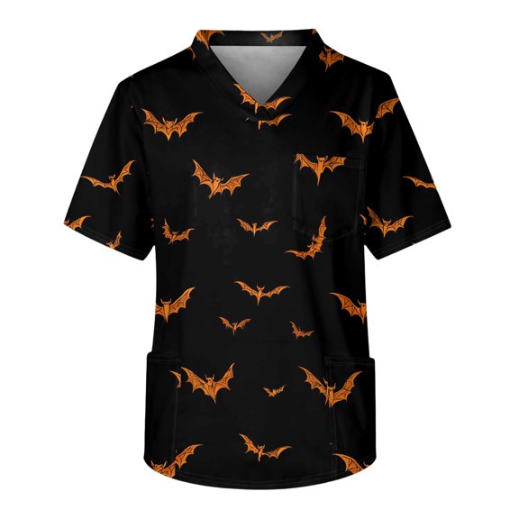 Men's Halloween Scrub Tops V-Neck Short Sleeve Bat Pattern Print Work Tunic with Chest Pocket and Front Pockets Pullover Medical Uniform Black L