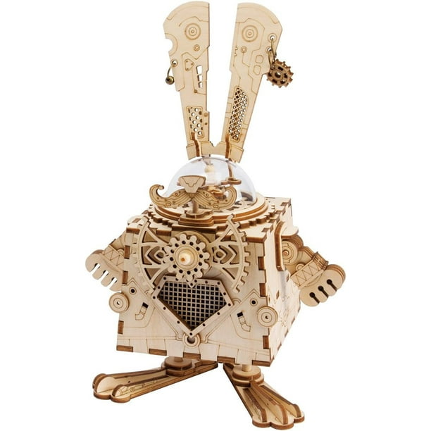 Kit de caja de música con forma de rompecabezas de madera, robot de juguete, RoboBunny HUOGUO