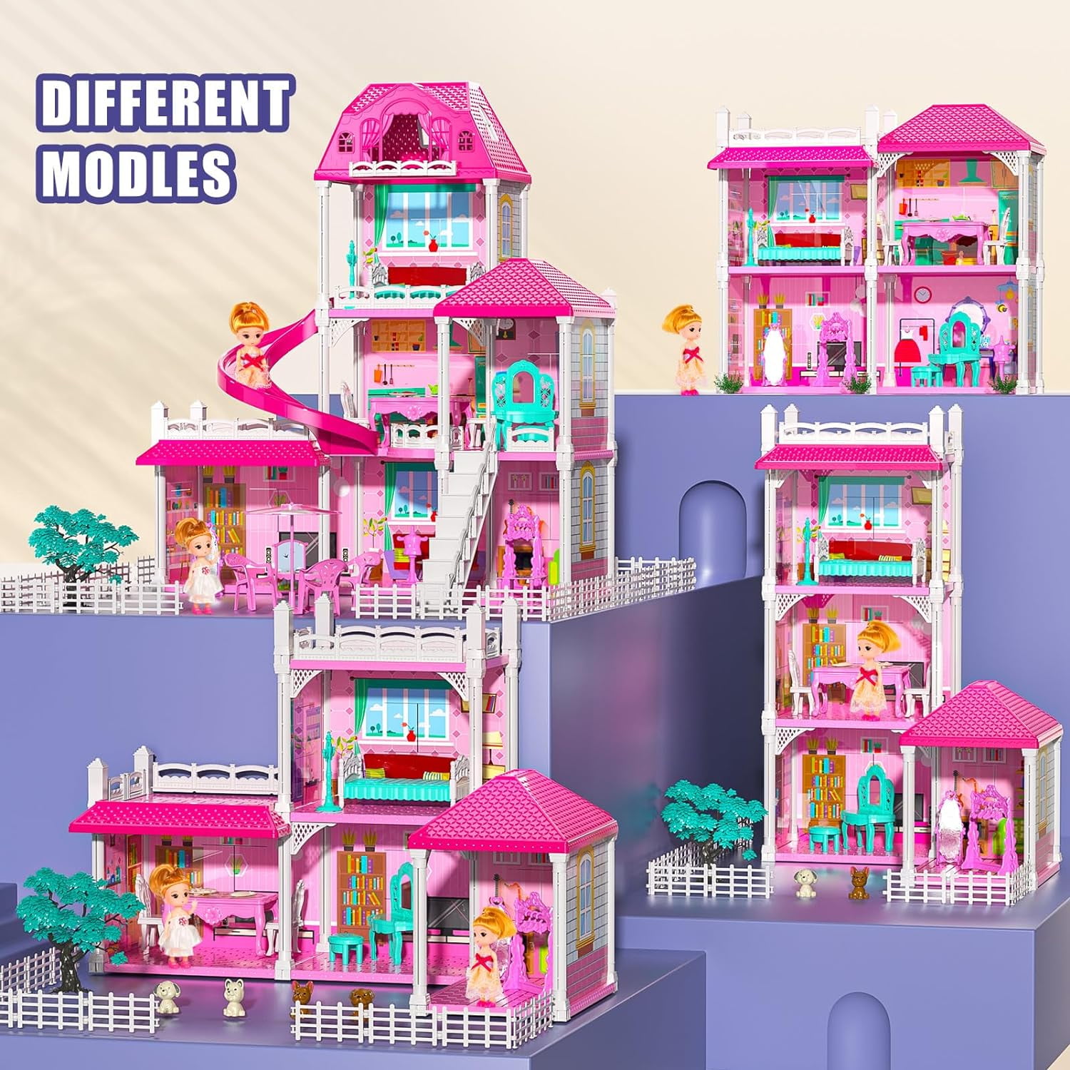 Hot Bee Kids Luxurious Dollhouse Set, 24.8'' Three-Story Villa with Slide, 7 Rooms with 2 Dolls&4 Puppys, Doll House Furniture Accessories, Pink Gift Toys for Girls 3 4 5 6+