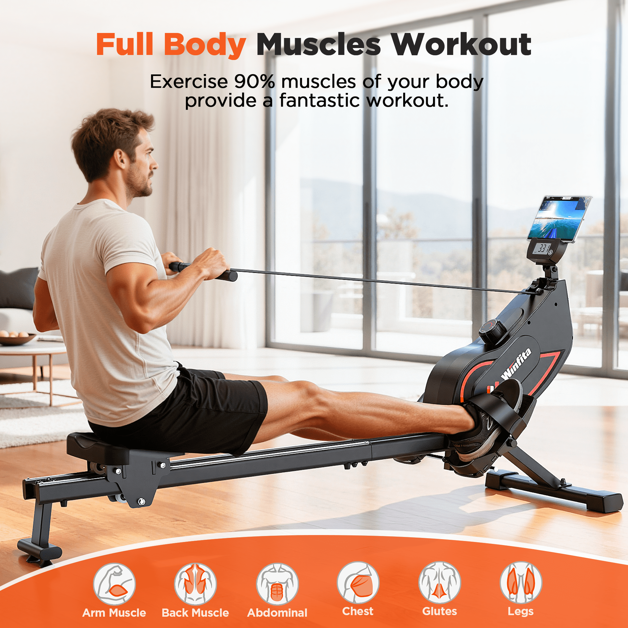 Winfita Magnetic Rowing Machine, 115LBS Max Resistance, 16 Levels, Home Gym Exercise, App Compatible, Tablet Holder, 350LB Capacity